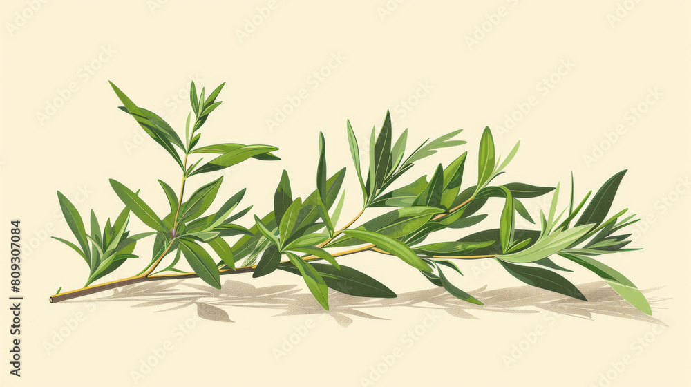 Obraz premium Elegant illustration of an olive branch with rich green leaves and slender twigs on a beige background.