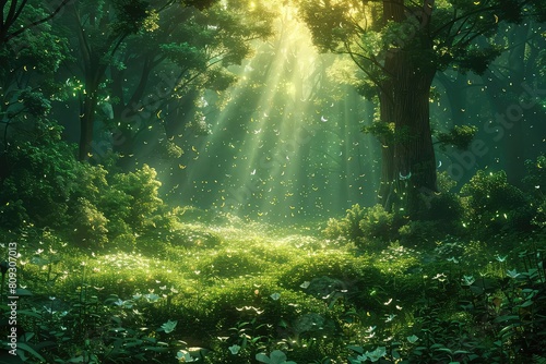 Create a realistic 3D rendering of a lush sunlit forest clearing. Include a variety of plants and trees, and make the lighting and shadows look realistic. © NeeArtwork