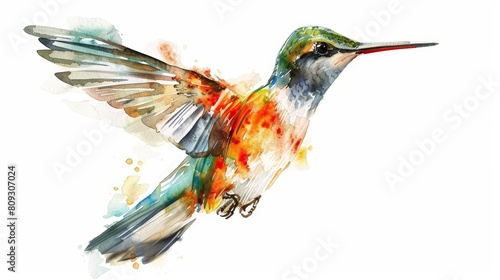 A tiny watercolor of a hummingbird in flight, its wings a blur of color, isolated white background