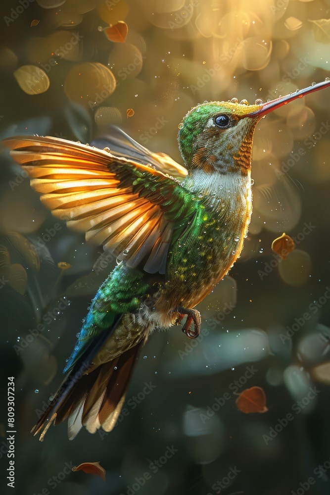 Obraz premium A beautiful hummingbird illustration, in a forest with flowers. 