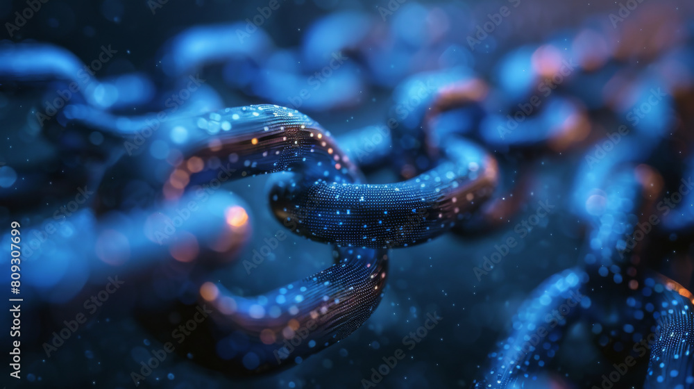Digital visualization of blockchain technology with glowing chains linked together, representing connectivity and security. Digital visualization of blockchain technology with glowing chains linked together, representing connectivity and security.