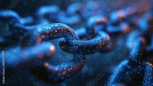 Digital visualization of blockchain technology with glowing chains linked together, representing connectivity and security.