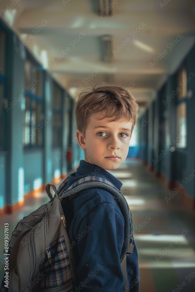 Young Boy Standing in Hallway Young Boy Standing in Hallway