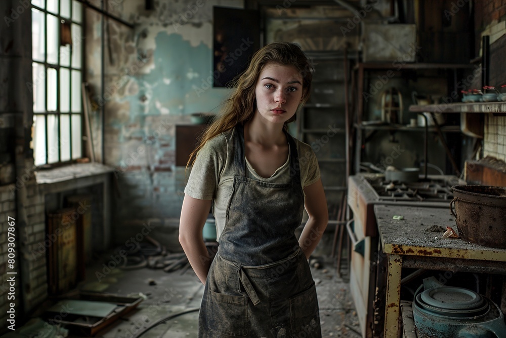 Naklejka premium Woman in White Dress Standing in Kitchen