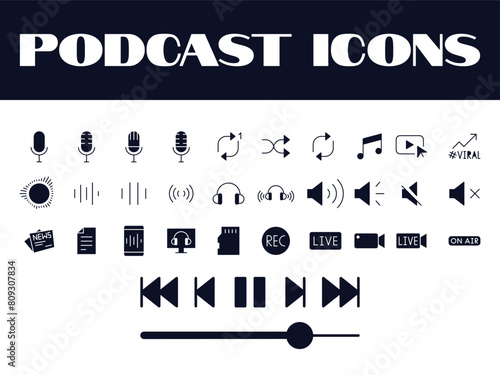 Mic icons .podcast icons set vector. podcast music vector audio music icons.
