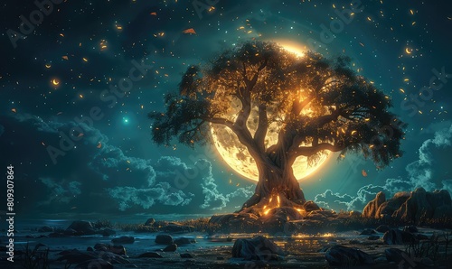 A mystical moonlit forest with a large glowing tree at its center. The tree is surrounded by a river and a rocky shore, and the sky is filled with stars and a bright moon. photo
