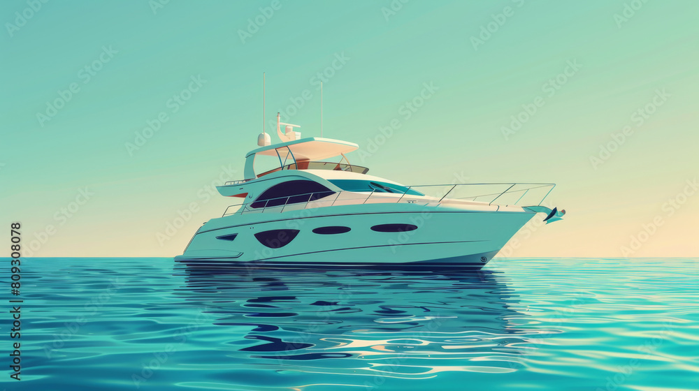 A luxury white yacht sailing on the calm blue waters of a serene ocean, under a clear sky.
