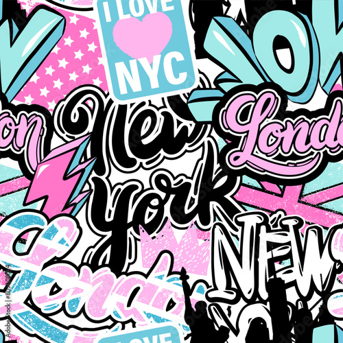 Modern wallpaper with stickers and patches, graffiti and grunge elements. Street art style illustration. New York, London city pattern