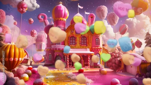 Colorful candy castle palace with confetti flying rain. celebrate event background. Looping animation photo