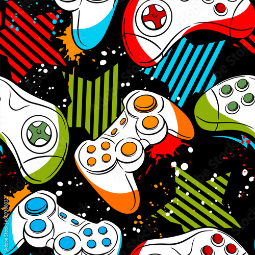 Seamless abstract pattern with colourful silhouettes joystick game. Background for boys.