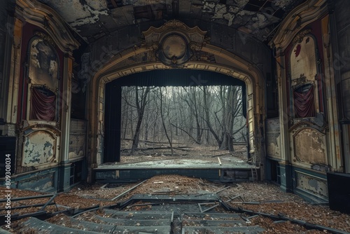 Deep in a ghostly forest, a forgotten theater whispers tales of dramas once performed under its decaying proscenium