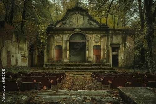 Deep in a ghostly forest  a forgotten theater whispers tales of dramas once performed under its decaying proscenium