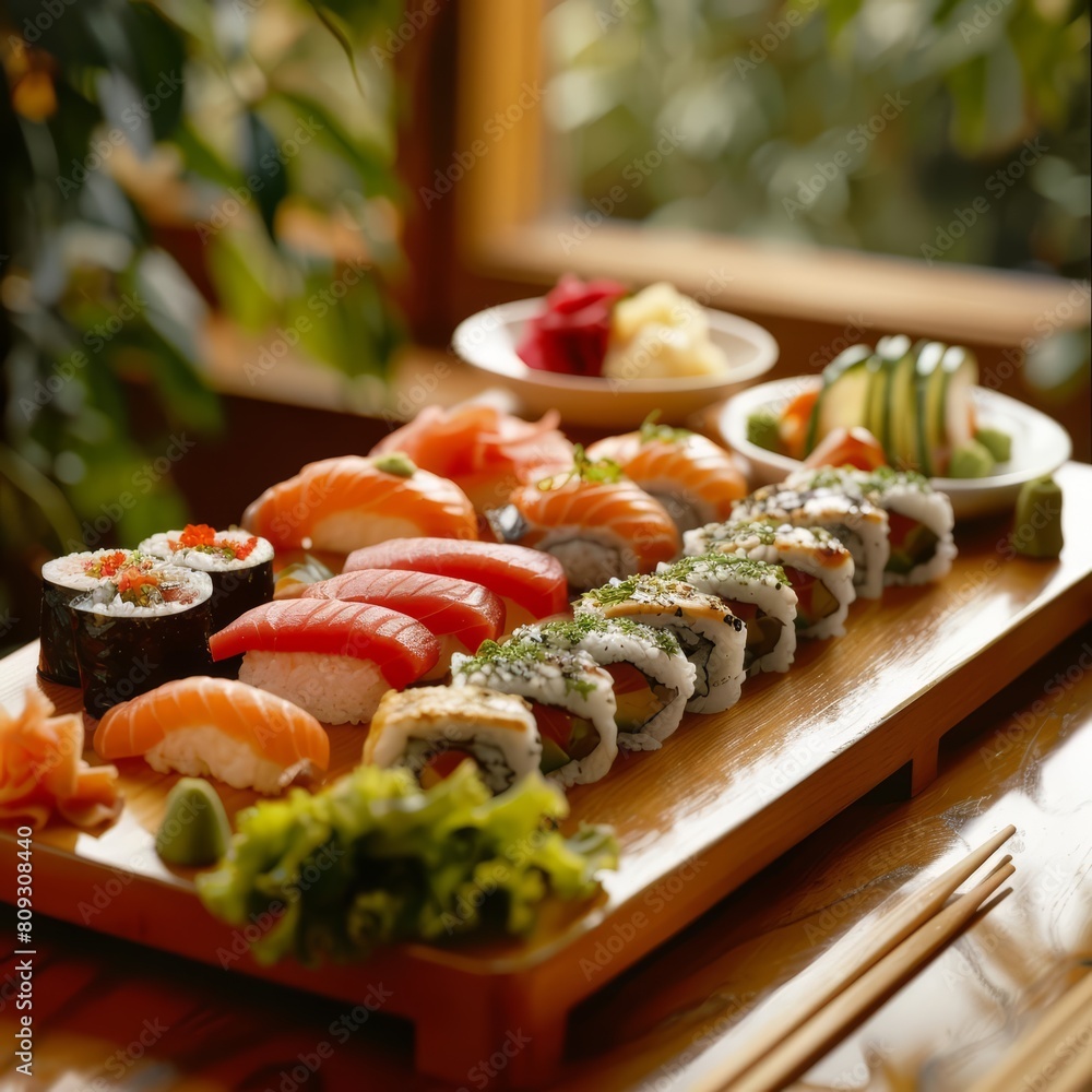Food and vegetable on the table of a sushi platter, artistically set to enhance the dining experience, banner concept Food and vegetable on the table of a sushi platter, artistically set to enhance the dining experience, banner concept
