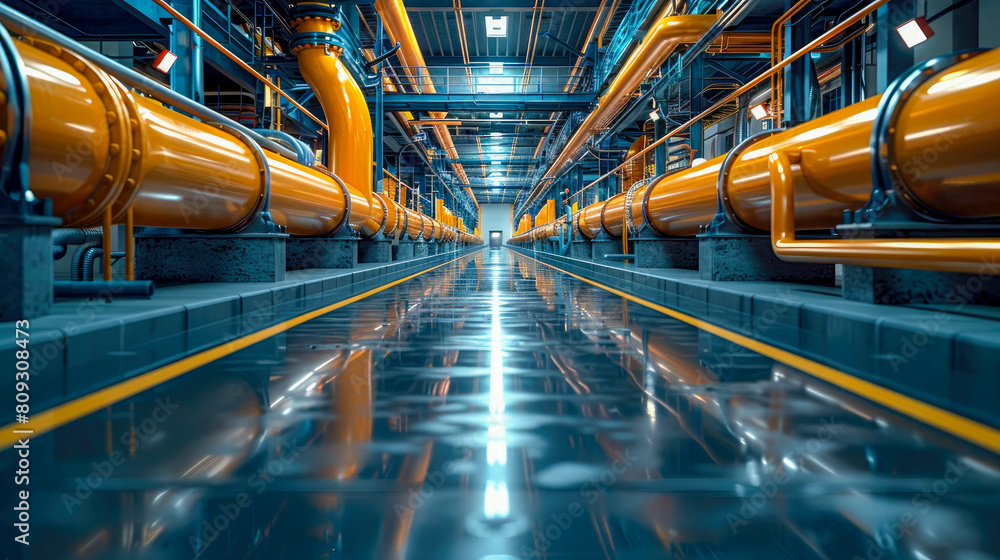 Industrial interior of a power plant. Shiny metal pipes and blue lights Industrial interior of a power plant. Shiny metal pipes and blue lights