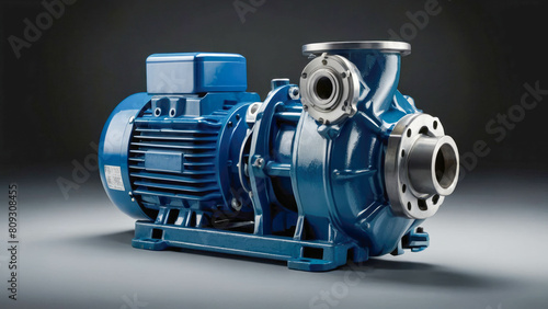 Blue industrial water pump with asynchronous electric motor on a dark background