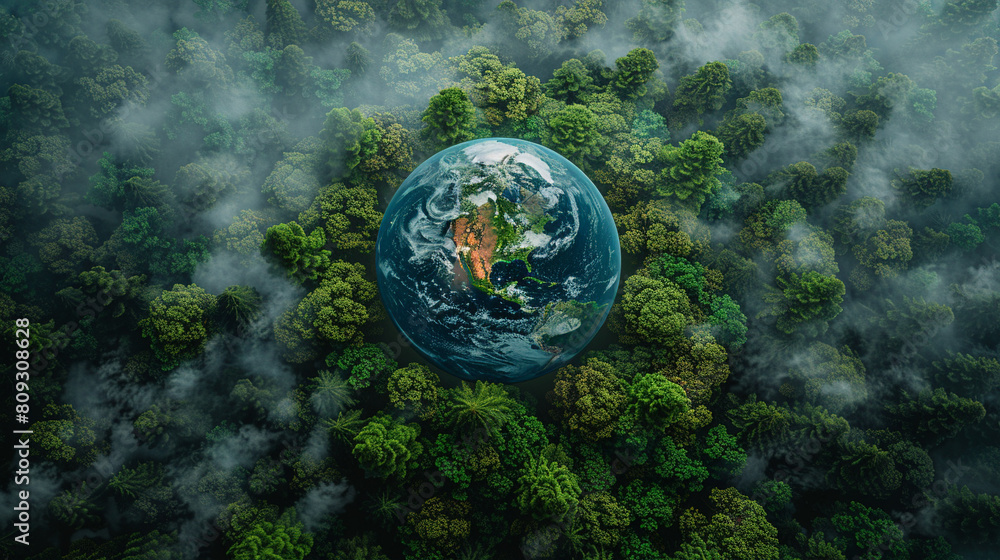 A top-down view of the Earth, with green trees surrounding it, A top-down view of the Earth, with green trees surrounding it,