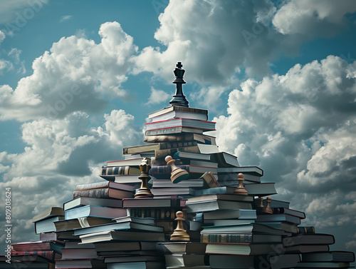 A conceptual depiction of a chessboard where one piece (king or queen) stands on top of a hill made of books above the other pieces. The idea of leadership through knowledge and strategic thinking photo