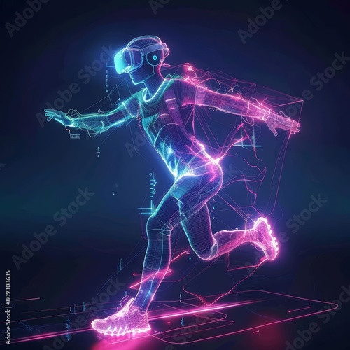 Futuristic concept of sport integrating holographic technology, rendered in 3D styles with a futuristic sharpen for banner