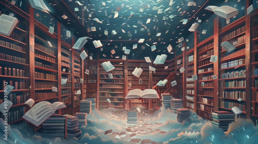 Illustrating a peaceful library where books float freely around readers, in a magic realism style, this banner concept invites viewers into a world of serene knowledge