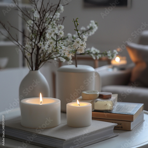 Close up of an interior space with candles  plants and books.