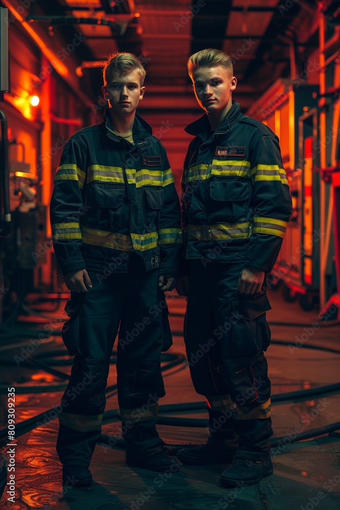 Two Young Fire Fighters Standing Together Two Young Fire Fighters Standing Together