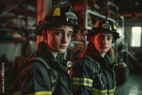Two Young Fire Fighters Standing Together