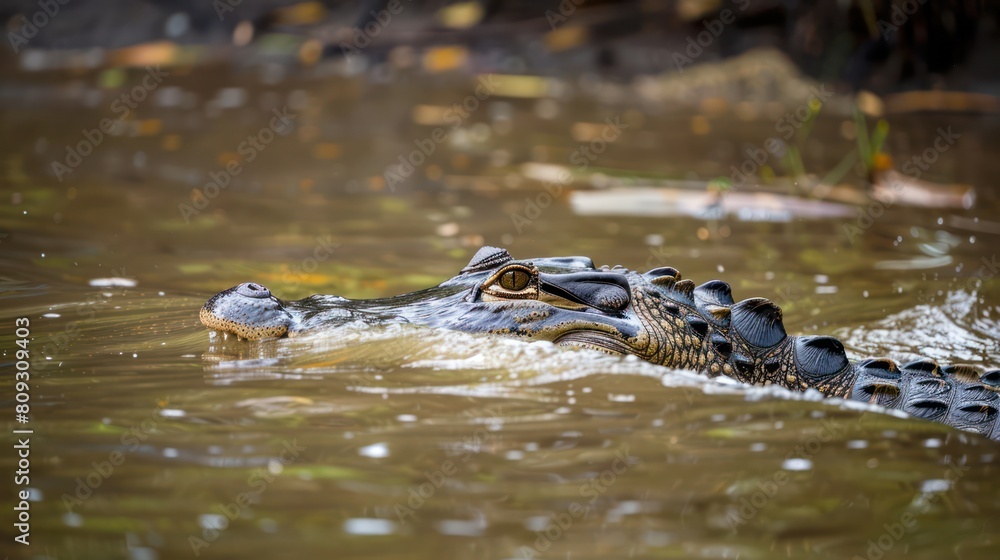 Capturing the essence of stealth, this image showcases a lurking alligator with only its eyes and snout above the water surface Capturing the essence of stealth, this image showcases a lurking alligator with only its eyes and snout above the water surface