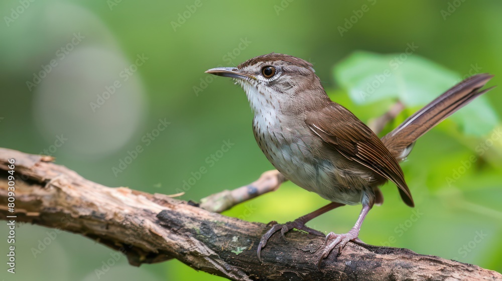 A small brown bird with sleek plumage perches attentively on a bare branch, surrounded by lush green foliage A small brown bird with sleek plumage perches attentively on a bare branch, surrounded by lush green foliage