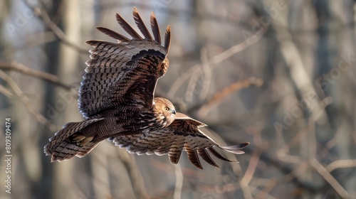 Captured in mid-flight, a hawk spreads its wings wide, showcasing its impressive wingspan against a blurred forest backdrop