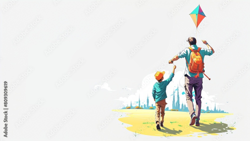 Fototapeta premium a man and a child flying a kite together in the sky