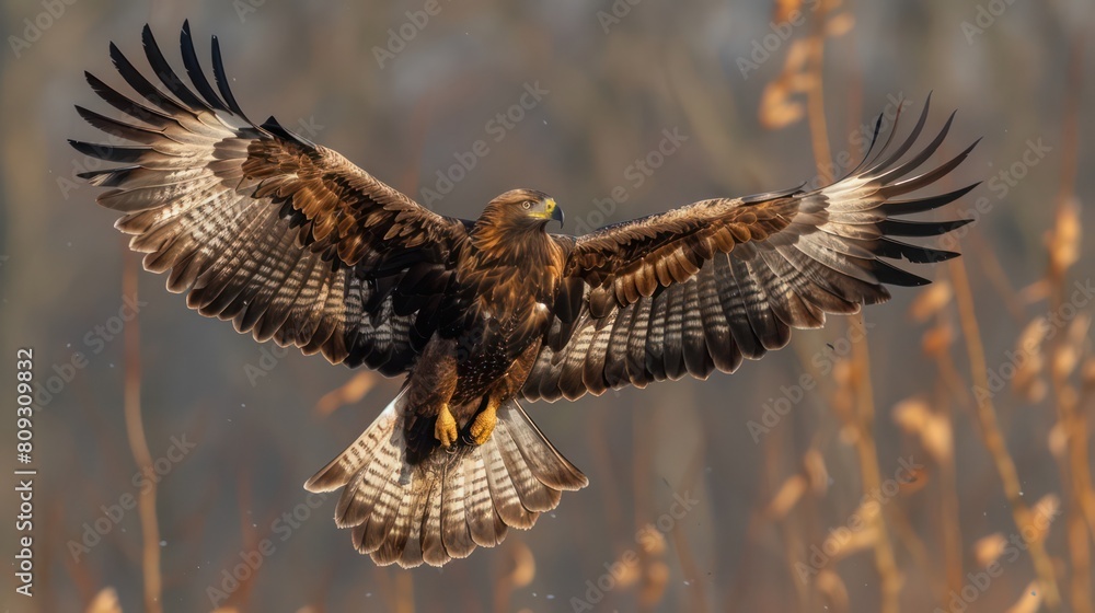 Fototapeta premium Majestic flight of a Golden Eagle with wings fully spread amidst an autumnal forest backdrop