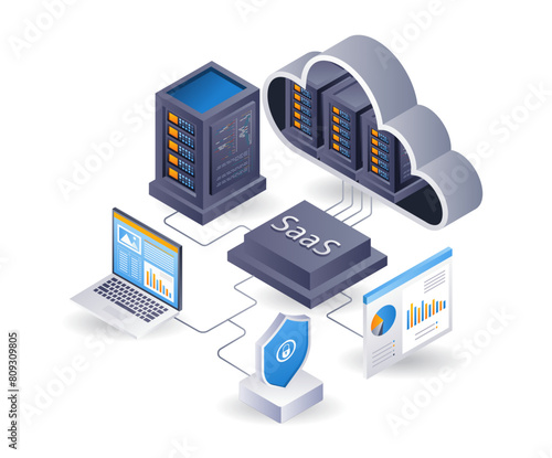 SaaS cloud server technology system process, flat isometric 3d illustration infographic