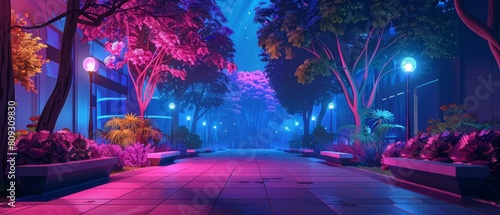 Neon style of a newly designed park integrates nature with modern aesthetics, painted in cyber color, and finished as a banner sharpen with copy space photo