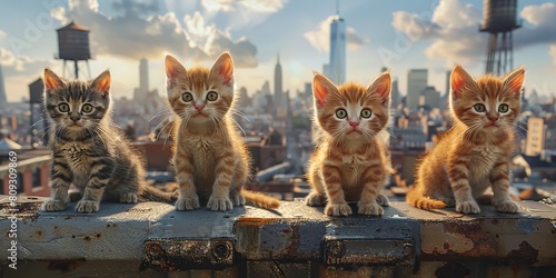 A group of funny touching cute realistic kittens sitting on the railings of a high-rise building with a beautiful view of the city