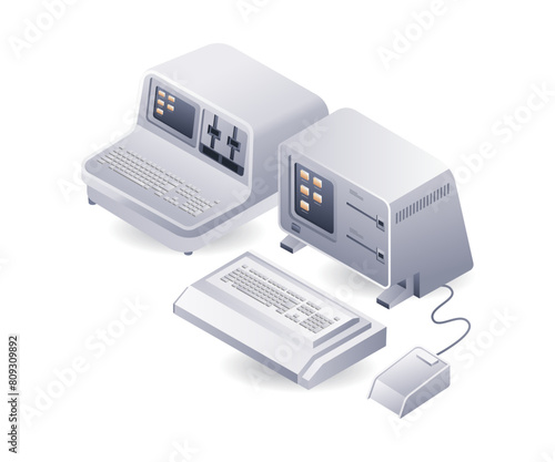 Retro classic computer technology infographic flat isometric 3d illustration