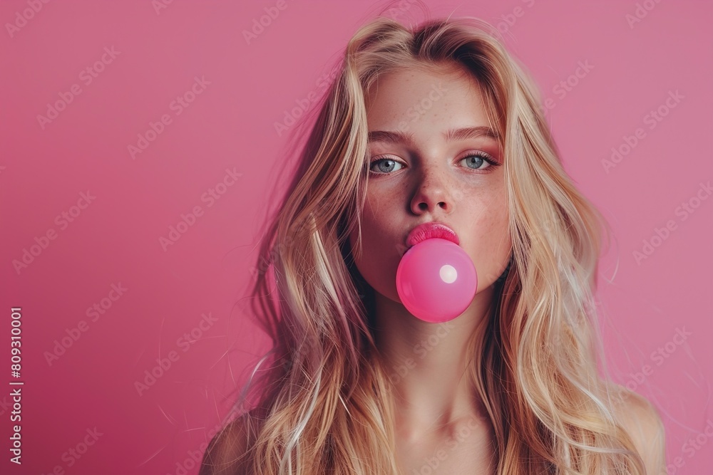 blonde woman blowing pink bubble gum blonde woman blowing pink bubble gum