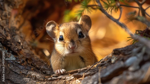 An endearing image of a chipmunk showcasing curiosity as it peeks out from behind a branch in a warm  golden light