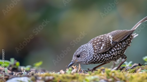A spotted bird is seen foraging among leaves and moss on the forest floor, showcasing detail in its plumage