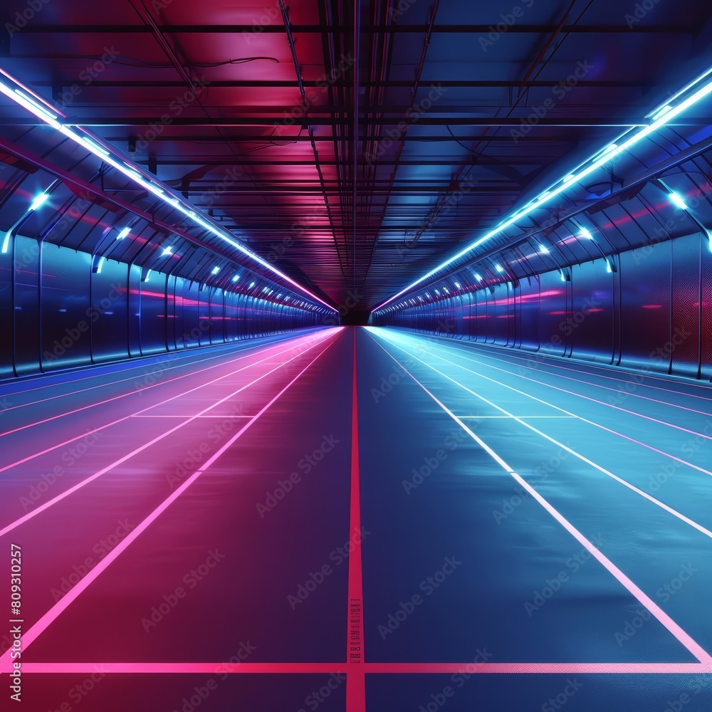 Picture an athletics track devoid of athletes, surrounded by hightech, scifistyle infrastructure and mood lighting, ready for a digital makeover with copy space