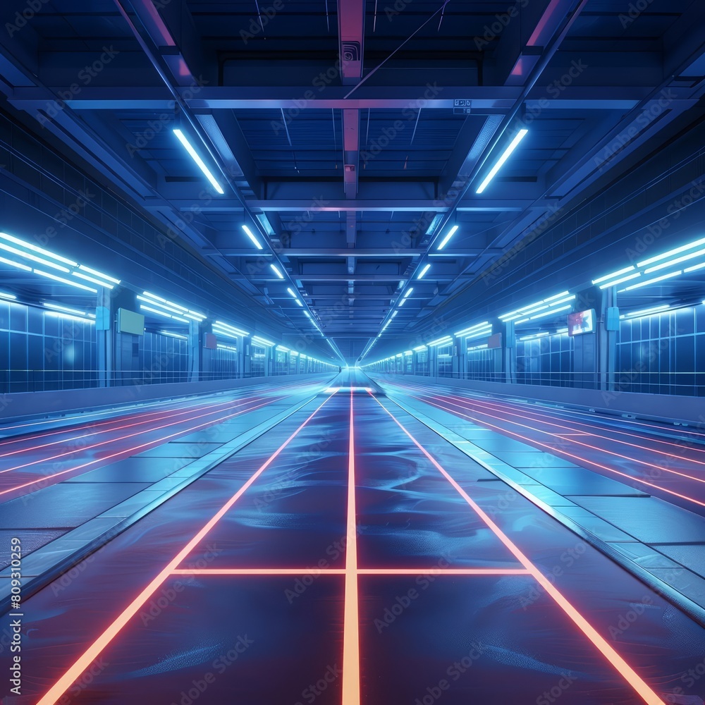 Picture an athletics track devoid of athletes, surrounded by hightech, scifistyle infrastructure and mood lighting, ready for a digital makeover with copy space