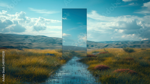 Glass door in the desert with grass and blue sky