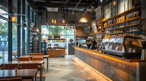 A contemporary cafe with stylish decor, wooden furniture, and a well-organized counter display