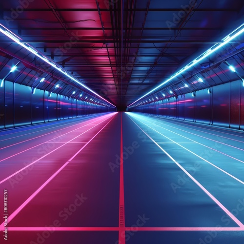 Picture an athletics track devoid of athletes, surrounded by hightech, scifistyle infrastructure and mood lighting, ready for a digital makeover with copy space © JK_kyoto