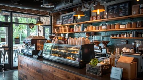 Warm lighting and rustic elements give this coffee bar a cozy and welcoming atmosphere