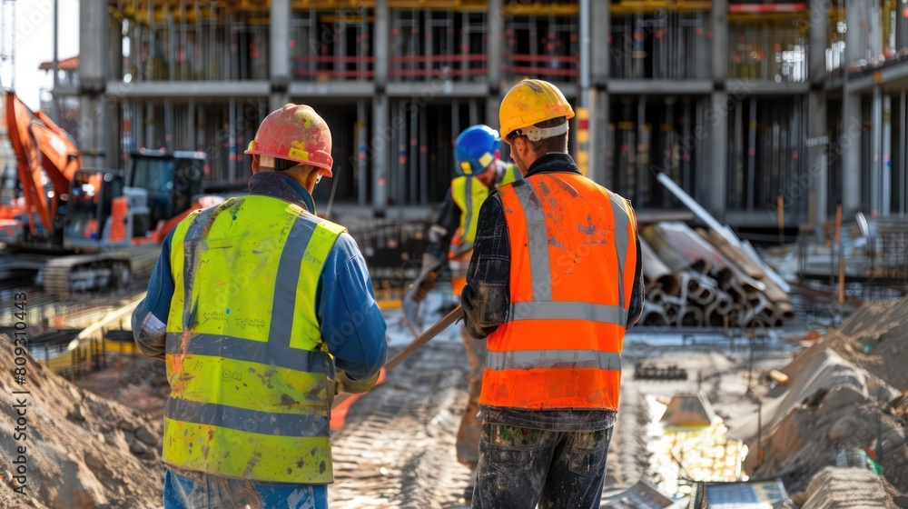 Two construction workers in high visibility jackets discuss plans on a bustling construction site with a structural backdrop Two construction workers in high visibility jackets discuss plans on a bustling construction site with a structural backdrop