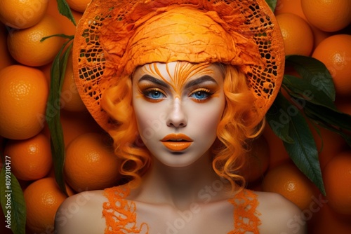 Stunning portrait featuring a woman with vibrant orange themed makeup and fashion surrounded by fresh oranges photo