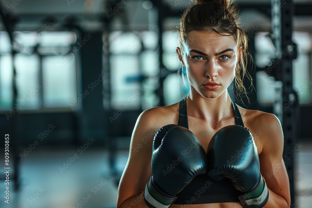 Fit young woman wearing a tank top and boxing glove