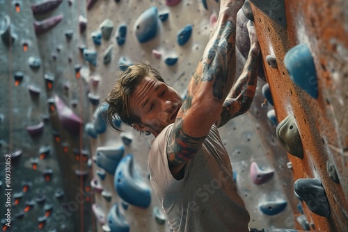 Fit young man with tattoos using handholds to climb