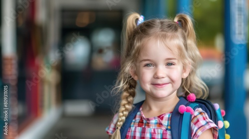 Adorable little girl with pigtails and a backpack smiling at camera outside her school