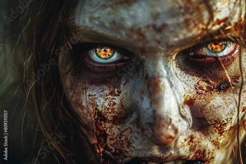 Close-up portrait of horrible zombie woman